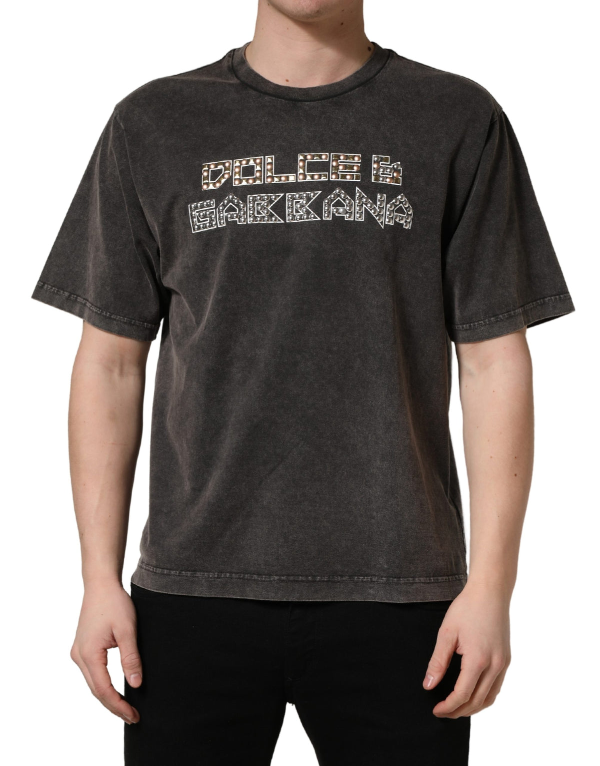 Gray Logo Embellished Men Crew Neck T-shirt