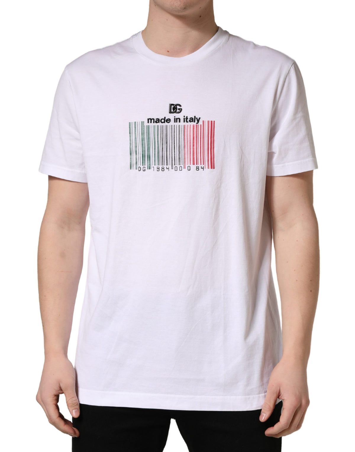 White Barcode Cotton Crew Neck Men T-shirt