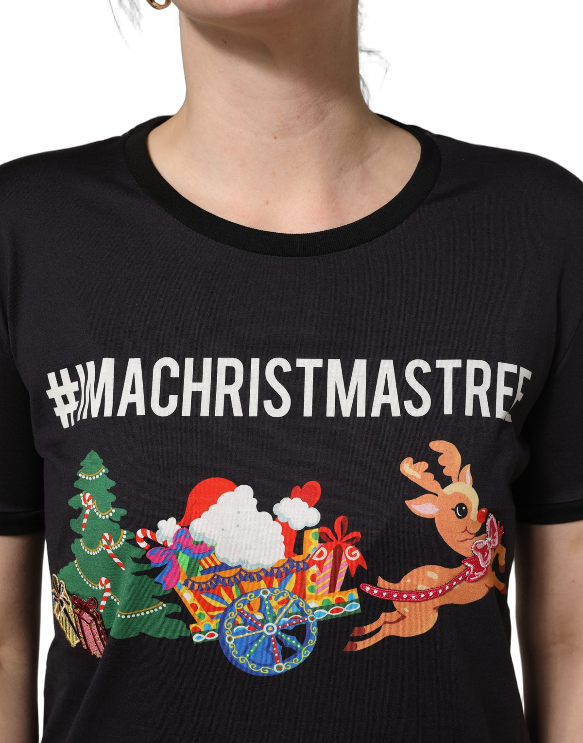 Black #IAMACHRISTMASTREE Print Cotton T-shirt