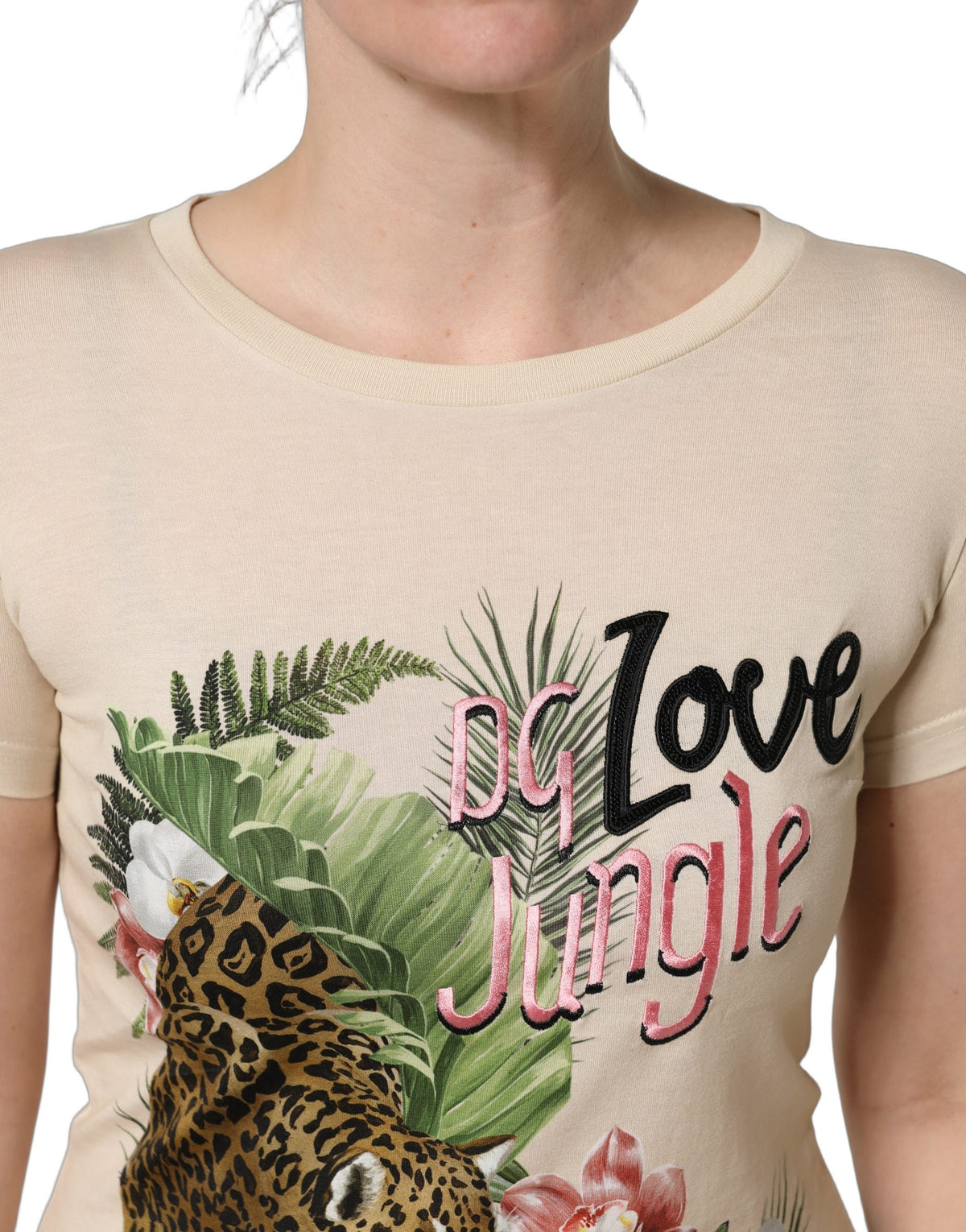 Beige Jungle Print Cotton Round Neck T-Shirt