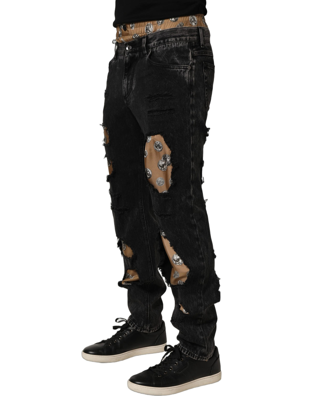 Black Distressed Cotton Straight Denim Jeans