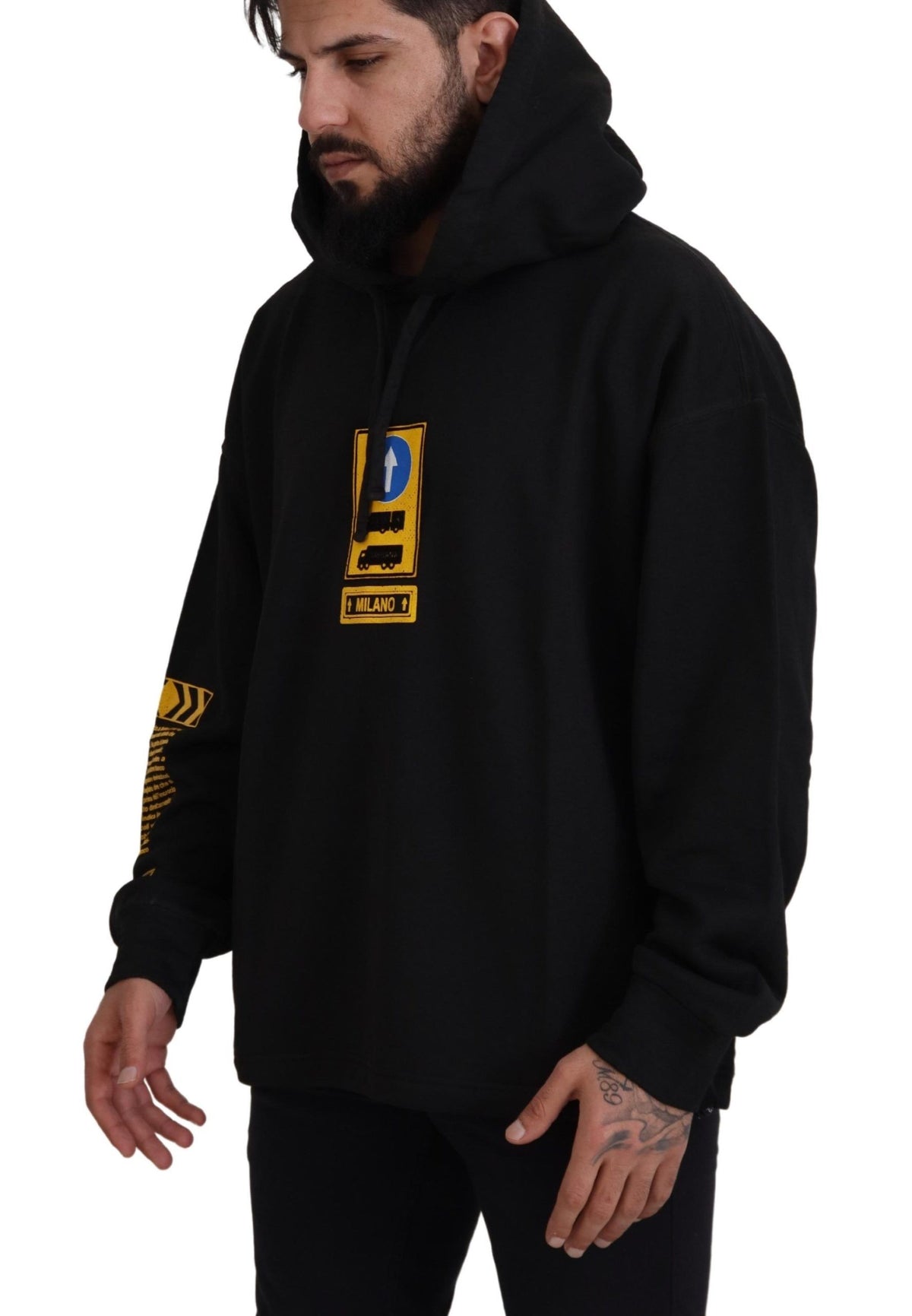 Black Cotton Hooded DG Shield Pullover Sweater