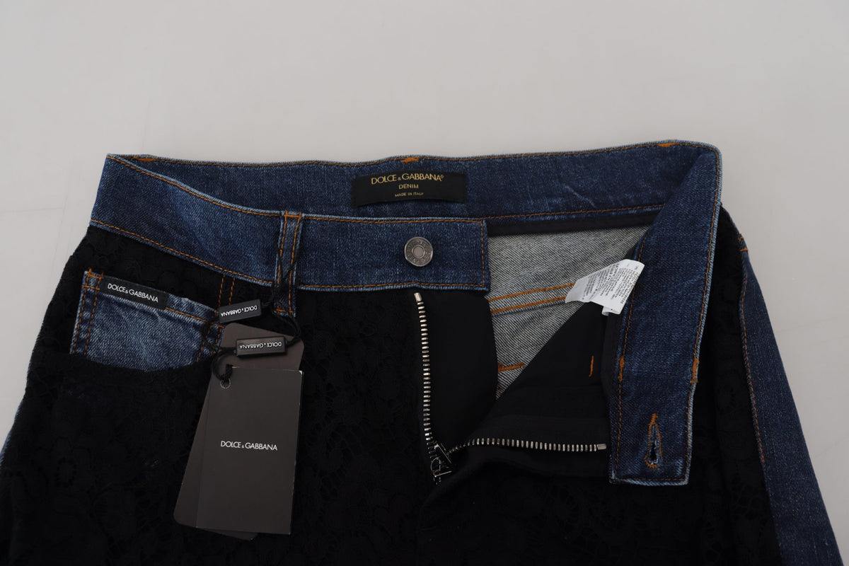 Black Floral Lace Front Skinny Denim Jeans