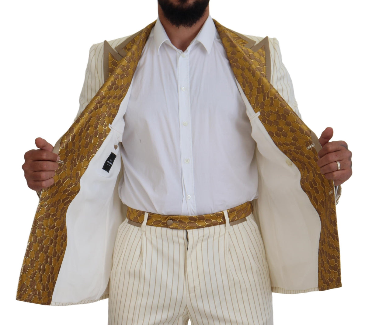 Off White Gold Striped Tuxedo Slim Fit Suit
