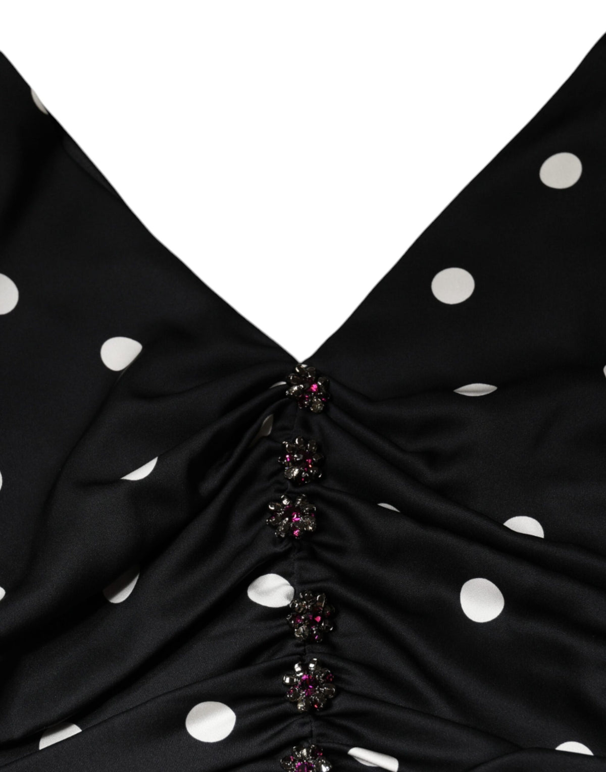 Black Silk Polka Dot Vneck Tassel Midi Dress