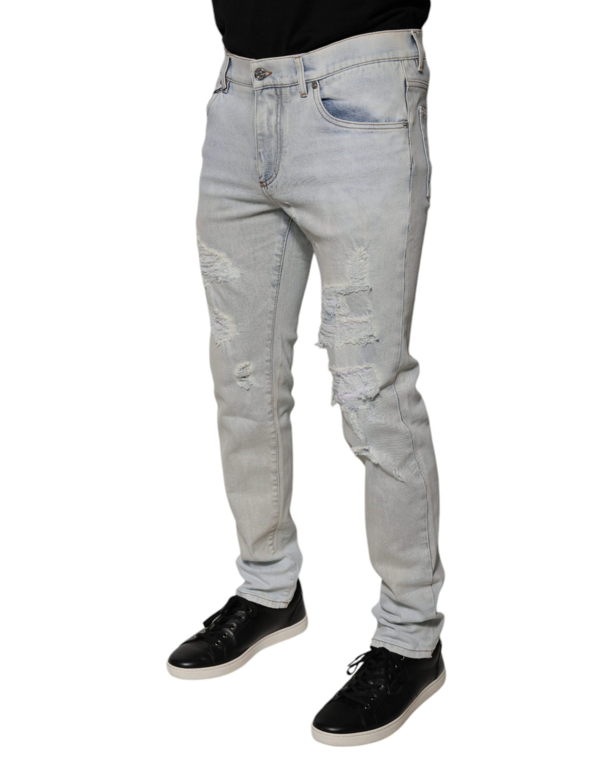 Light Blue Cotton Blend Tattered Skinny Denim Jeans