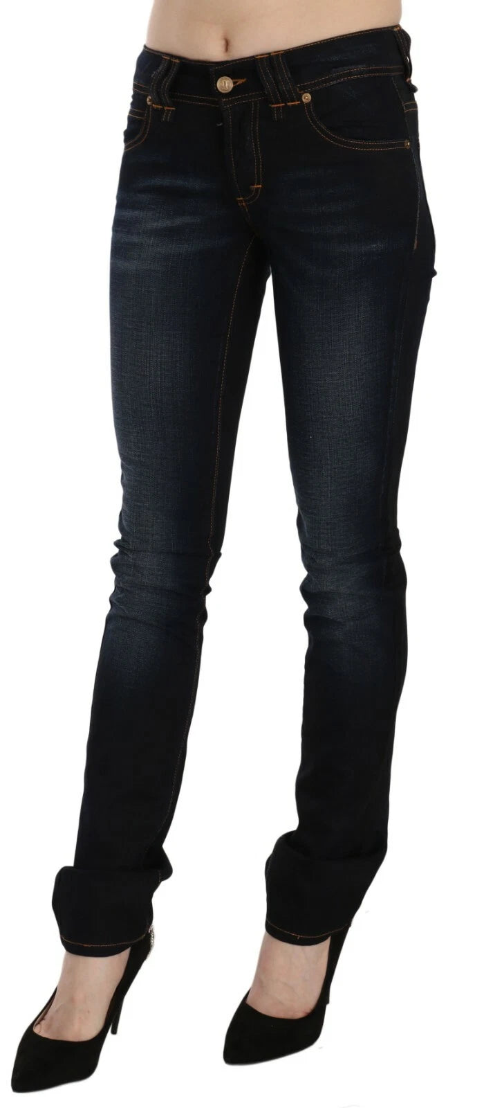 Dark Blue Mid Waist Slim Fit Denim Casual Pants Jeans