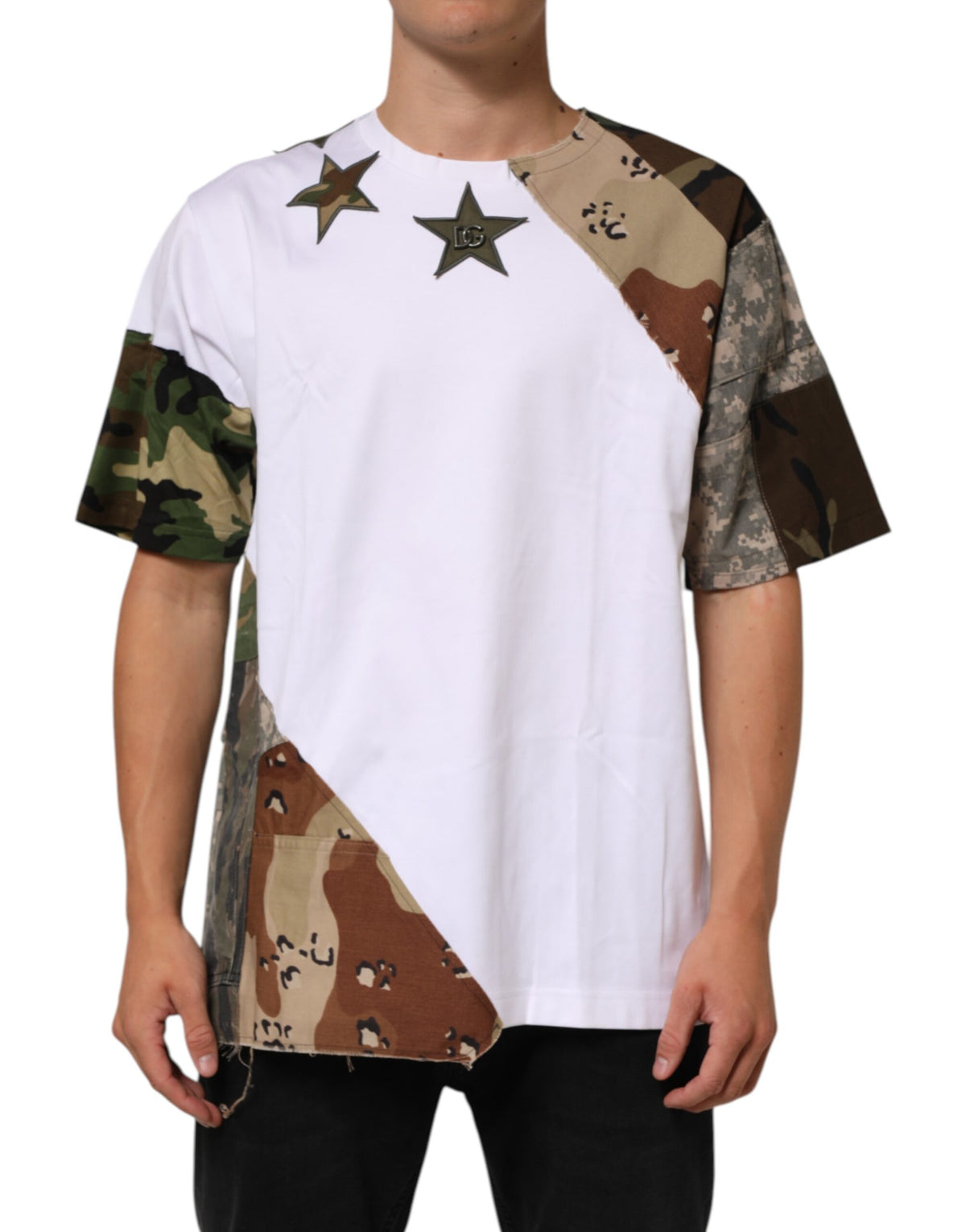 White Camouflage Patckwork Men Cotton T-shirt